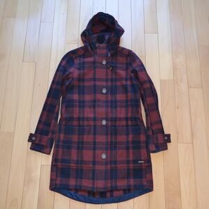 LL Bean Plaid Wool Coat Jacket Size Small Red and Navy Blue Size Small
